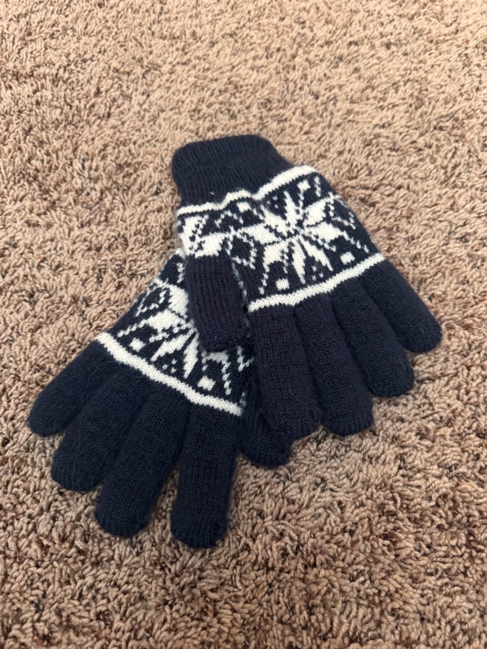 Black Knit Winter Gloves with White Snowflake Pattern